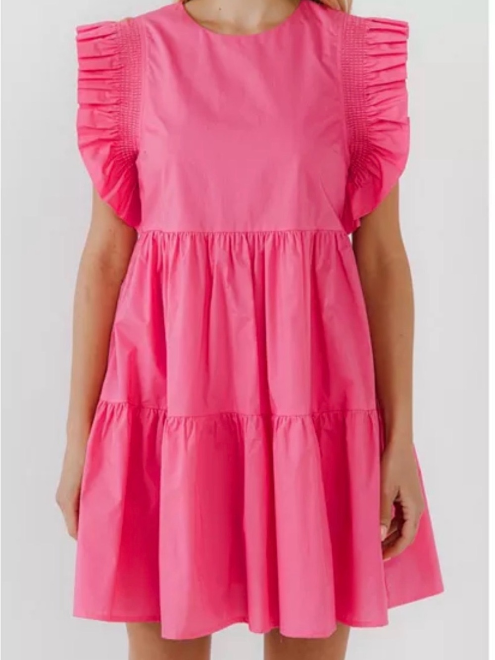 English Factory Hot Pink Ruffle Sleeve Tiered Dress